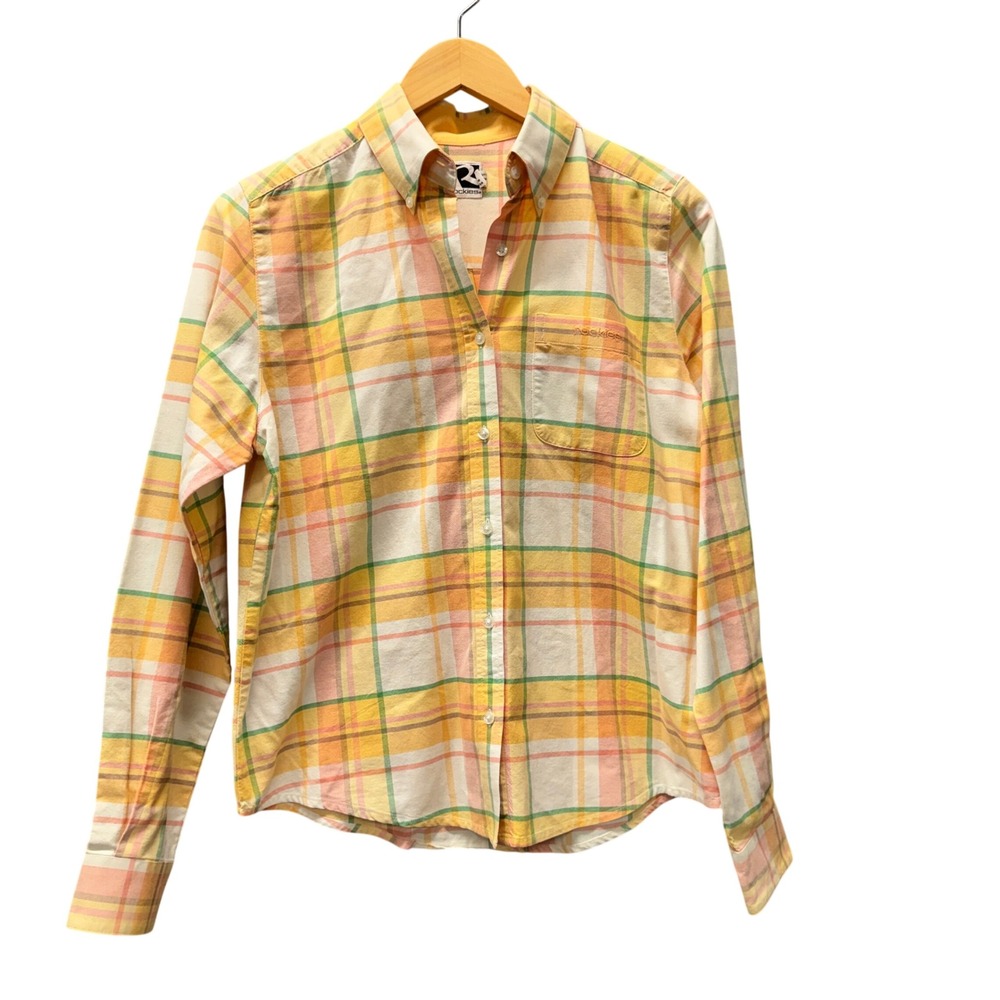Vintage Rockies Button Up Womens Small Plaid Yellow Green Pink Western Classic